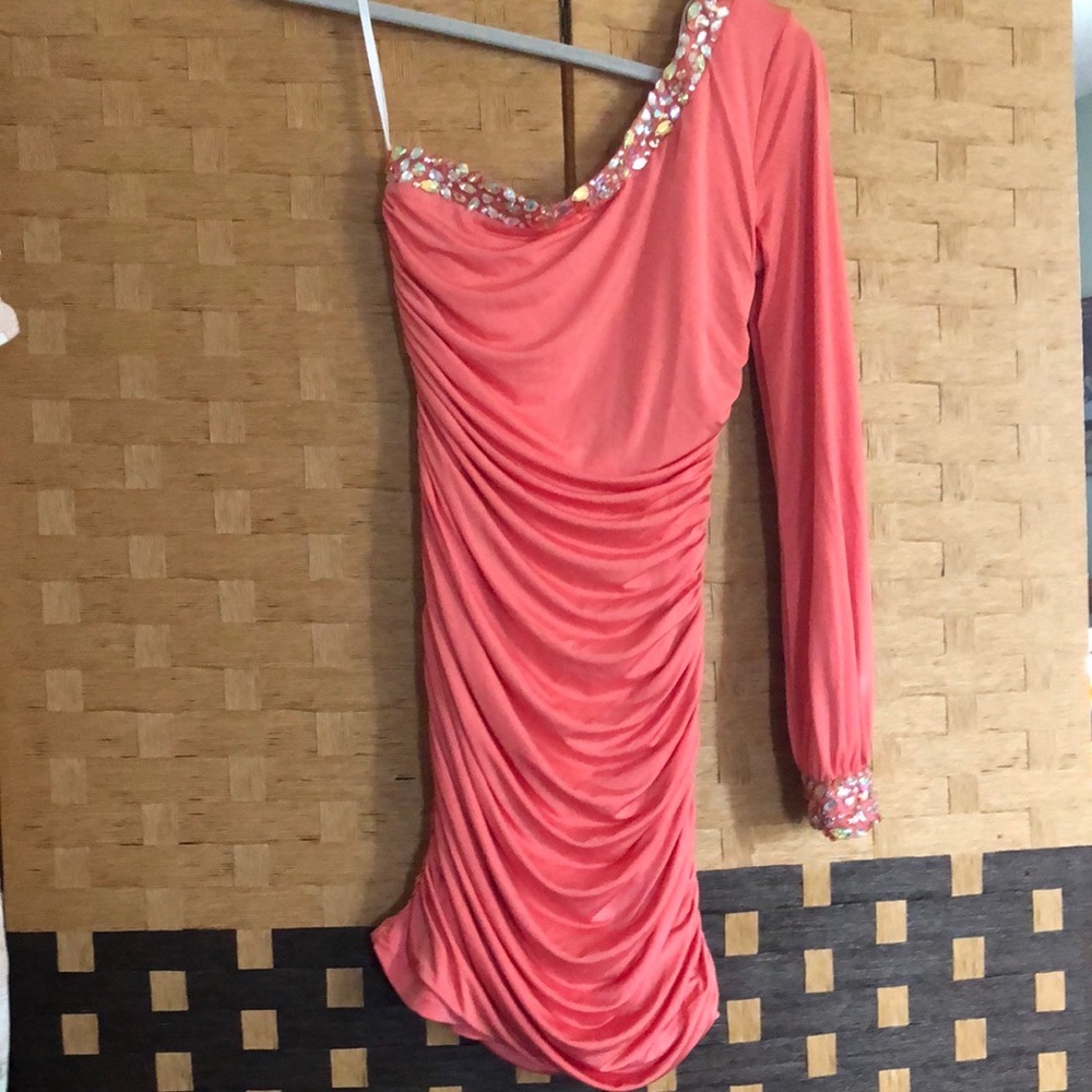 Coral / Peach Fitted One-Sleeved Mini Dress